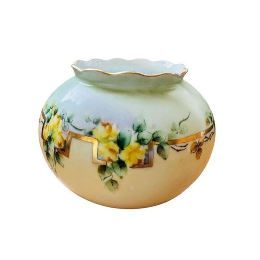 Vintage Hand Painted Yellow Flowers Vase Green & Gold‎ Accents 4.5" X 5.5"